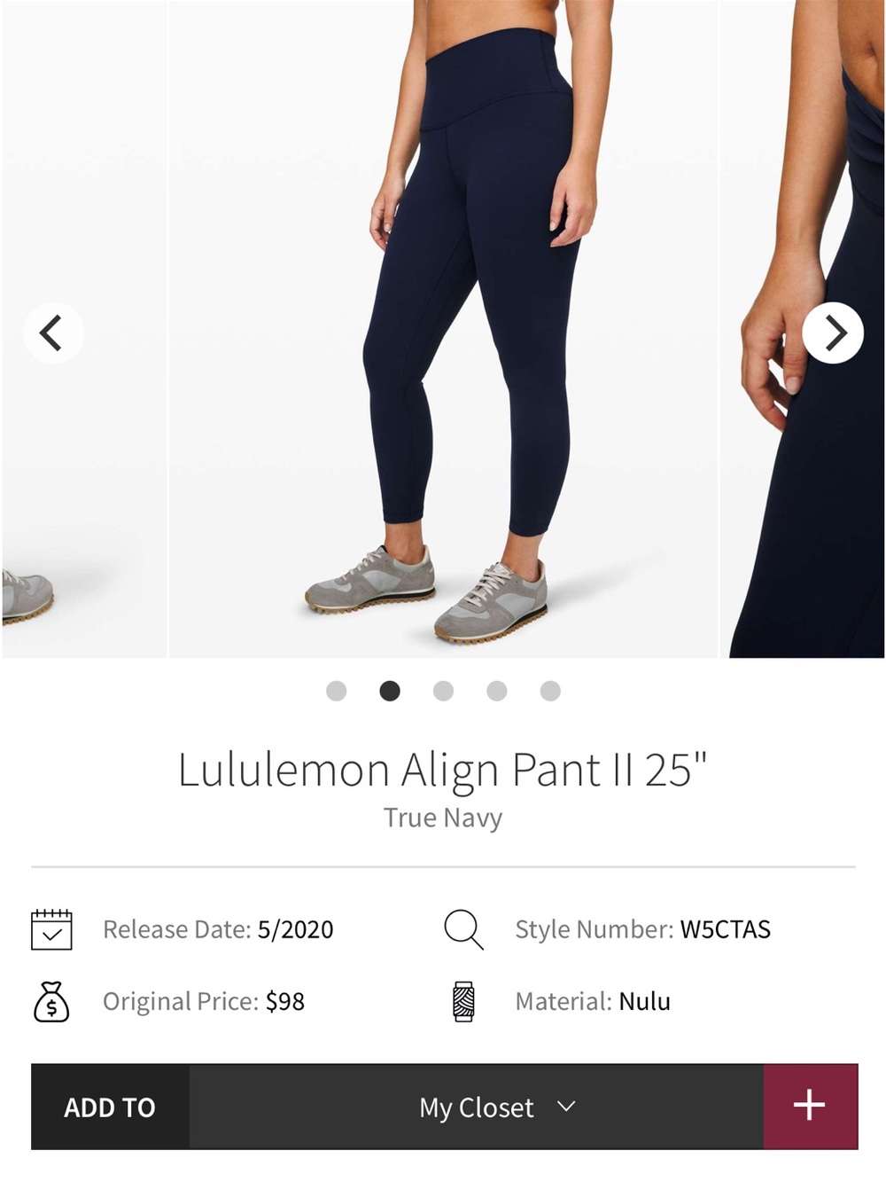 Lululemon align pant 25in true navy size 8